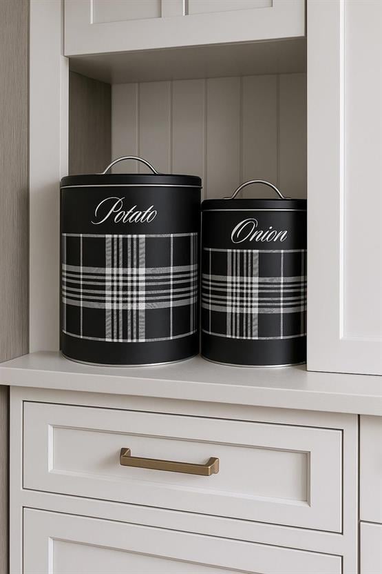 Decorev Dekoratif Siyah Ekose Tasarımlı Soğan ve Patates Saklama Kutusu Seti DC-6767
