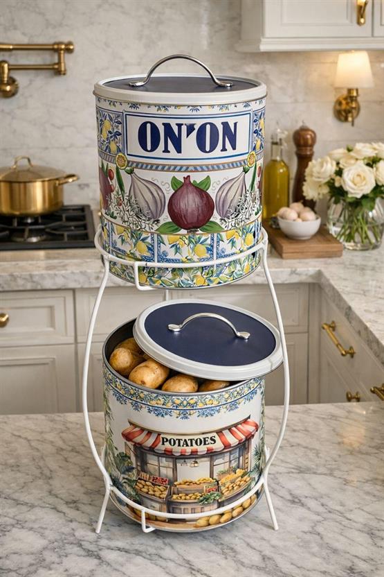 Dekoratif 2 Katlı Metal Patates & Soğan Saklama Kovası – Mimoza Desenli