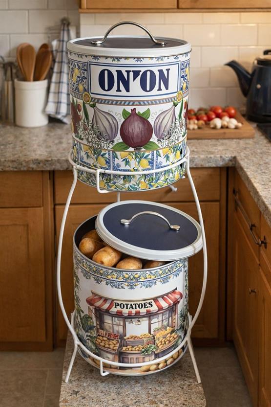 Dekoratif 2 Katlı Metal Patates & Soğan Saklama Kovası – Mimoza Desenli