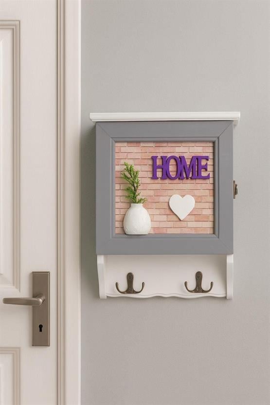 Dekoratif Gri Çerçeveli Ahşap Anahtarlık Kutusu – Kapaklı Duvar Tipi Askılık 