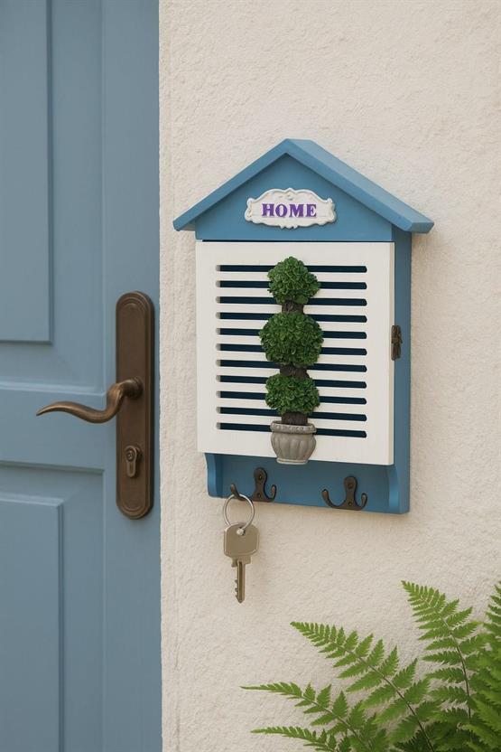 Dekoratif Mavi Ahşap Anahtarlık Kutusu – Duvar Tipi Kapaklı Askılık 