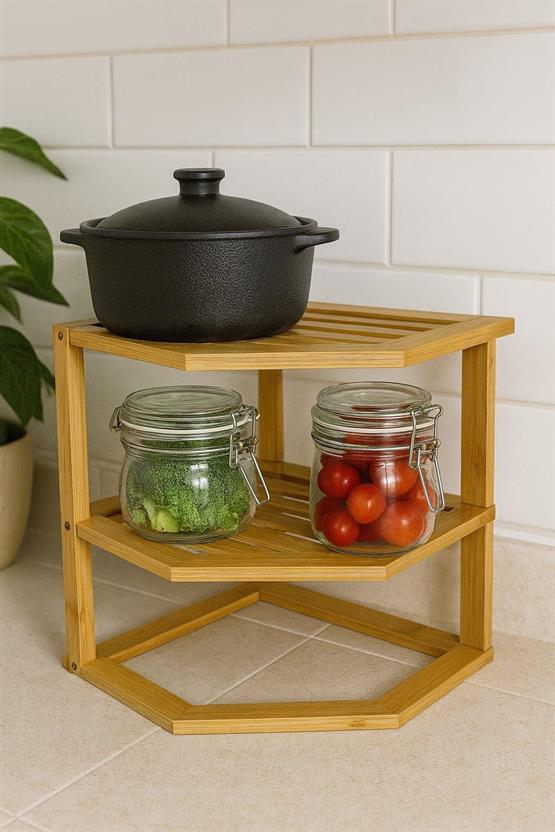 Decorev Doğal Bambu 2 Katlı Çok Amaçlı Köşe Raf – Banyo, Mutfak Ve Dekoratif Organizer BR-6713