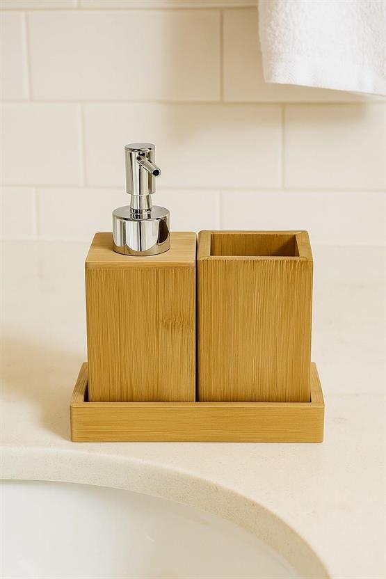VICHY Doğal Bambu 3 Parçalı Çok Amaçlı Banyo Seti – Sıvı Sabunluk Ve Diş Fırçalığı Organizer