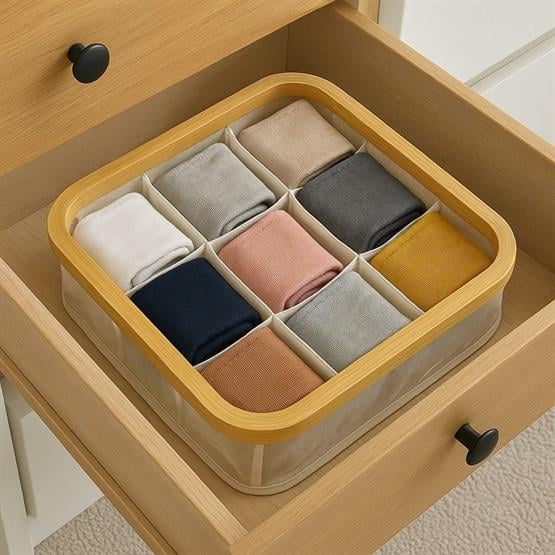 Decorev Doğal Bambu Çerçeveli 9 Bölmeli  Çorap Organizeri – Çekmece Ve Dolap Düzenleyici Kutusu BR-6705