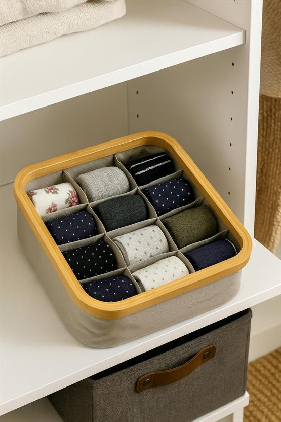 Decorev Doğal Bambu Çerçeveli 9 Bölmeli Çorap Organizeri – Çekmece Ve Dolap Düzenleyici Kutusu BR-6704