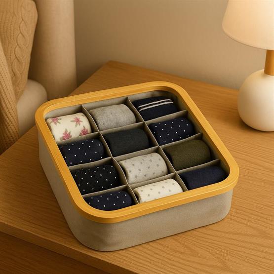 Decorev Doğal Bambu Çerçeveli 9 Bölmeli Çorap Organizeri – Çekmece Ve Dolap Düzenleyici Kutusu BR-6704