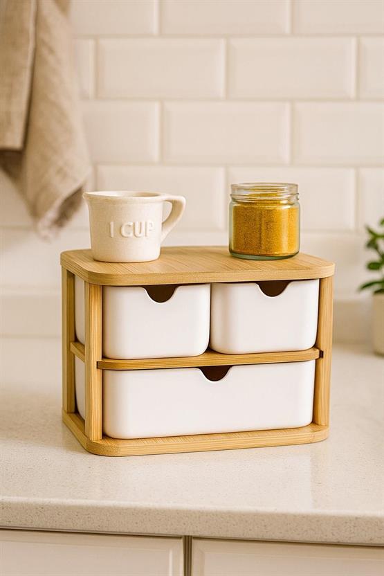 Decorev Doğal Bambu Çok Amaçlı  3 Gözlü Çekmeceli Organizer BR-6711