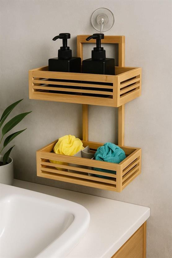 VICHY Doğal Bambu Duvar Tipi 2 Katlı Banyo Rafı – Askılı Ve Vakumlu Organizer BR-6703
