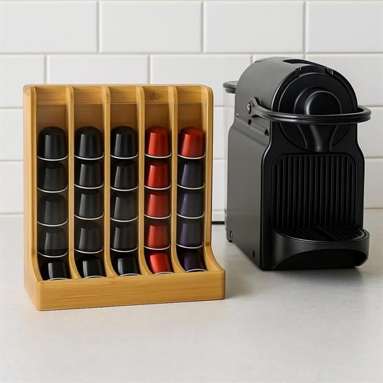 Brillant Doğal Bambu Kapsül Kahve Standı – 40Lı Nespresso Uyumlu Kapsül Düzenleyici Raf BR-6716