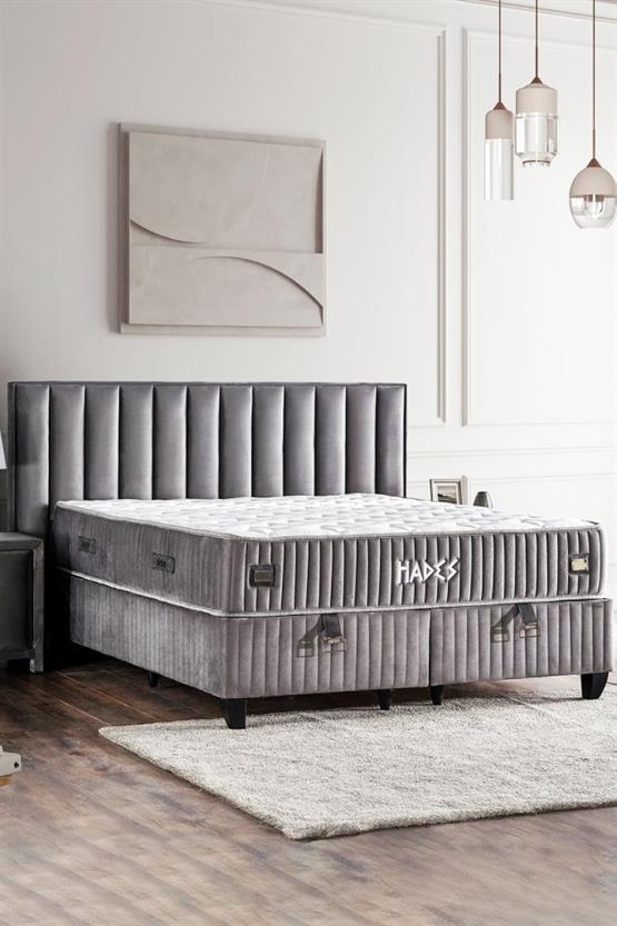 Hades Yatak Baza ve Başlık Seti 150x200 cm Çift Kişilik Paket Yaylı Lüks Yatak Koyu Gri Baza Başlık
