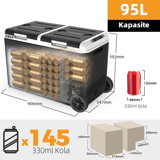 ICECO MCD95D 12/24V 95 Litre Kompresörlü Çift Bölmeli Tekerlekli Outdoor Oto Buzdolabı/Dondurucu