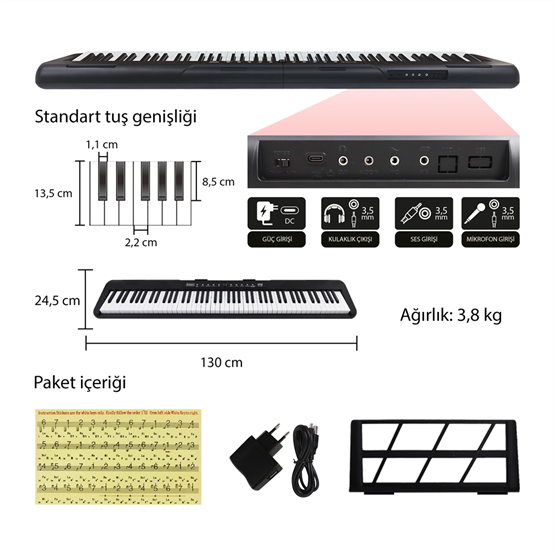 Jwin JDP-3088 Tuş Hassasiyetli 88 Tuşlu Dijital Piyano - Siyah
