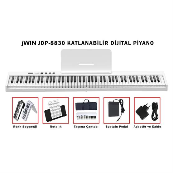 Jwin JDP-8830 Tuş Hassasiyetli Katlanabilir Bluetooth + Şarjlı Piyano - Beyaz