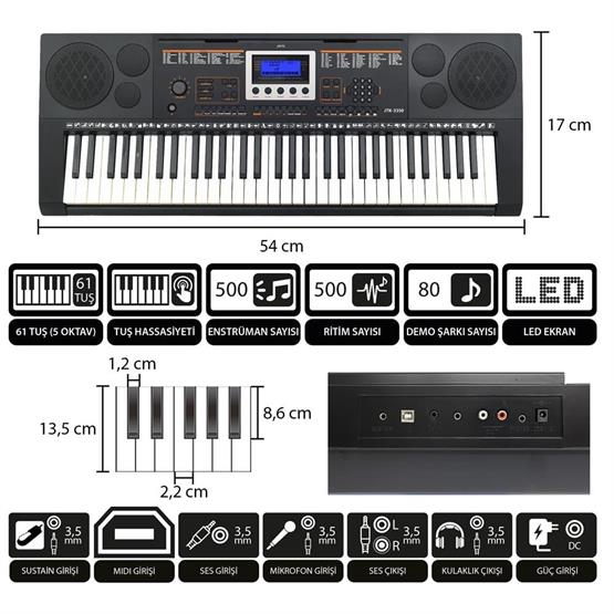 Jwin JTK-3350 61 Tuş Hassasiyetli 5 Oktav Org (Adaptör Hediye)