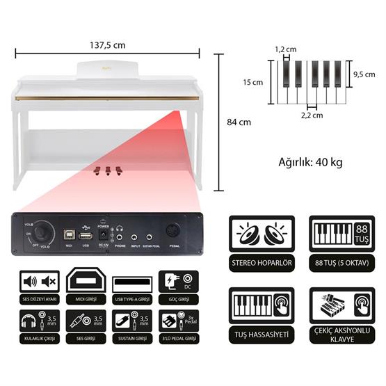 Jwin Sapphire SDP-214 Çekiç Aksiyonlu 88 Tuşlu Dijital Piyano - Beyaz