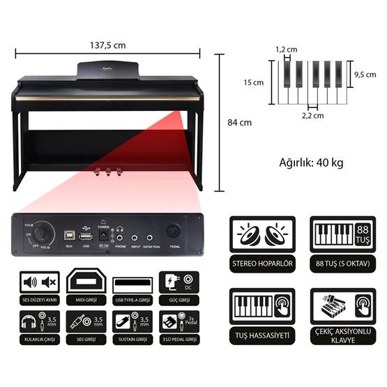 Jwin Sapphire SDP-214 Çekiç Aksiyonlu 88 Tuşlu Dijital Piyano - Siyah
