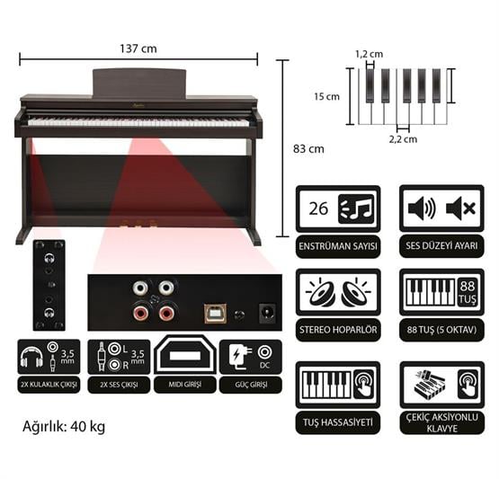 Jwin Sapphire SDP-400 Çekiç Aksiyonlu 88 Tuşlu Dijital Piyano - Gül Ağacı