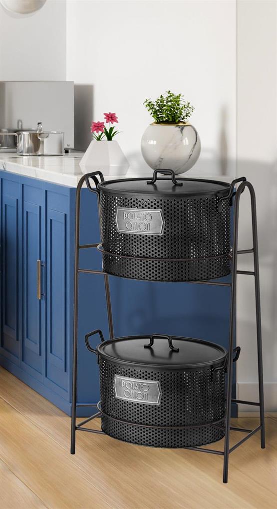 The Mia Katlı (İçi 2 Hazneli) Sebze ve Meyve Standı -Siyah