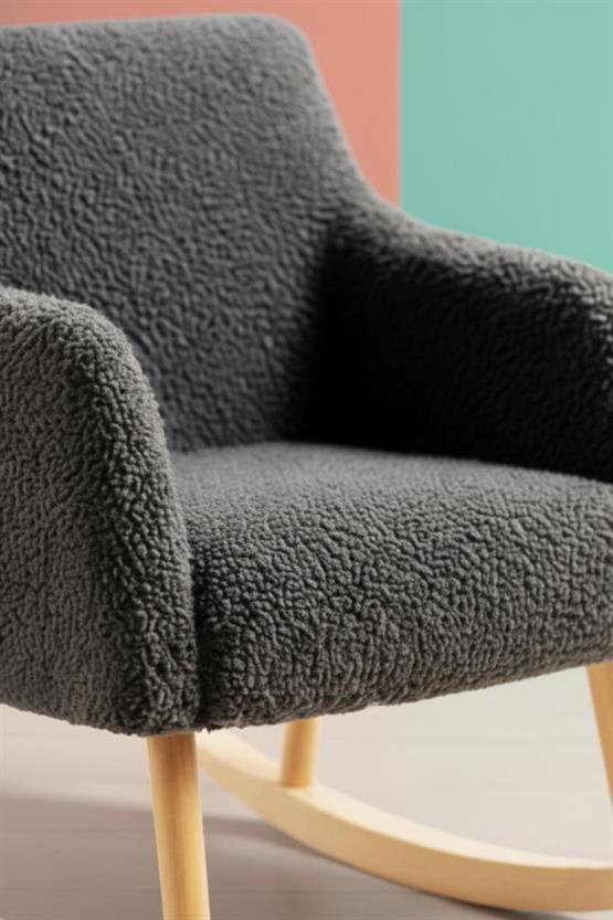 LOOP Sallanan Sandalye – Antrasit Teddy Kumaş | Doğal Ahşap Ayaklı Berjer - Sallanan Koltuk