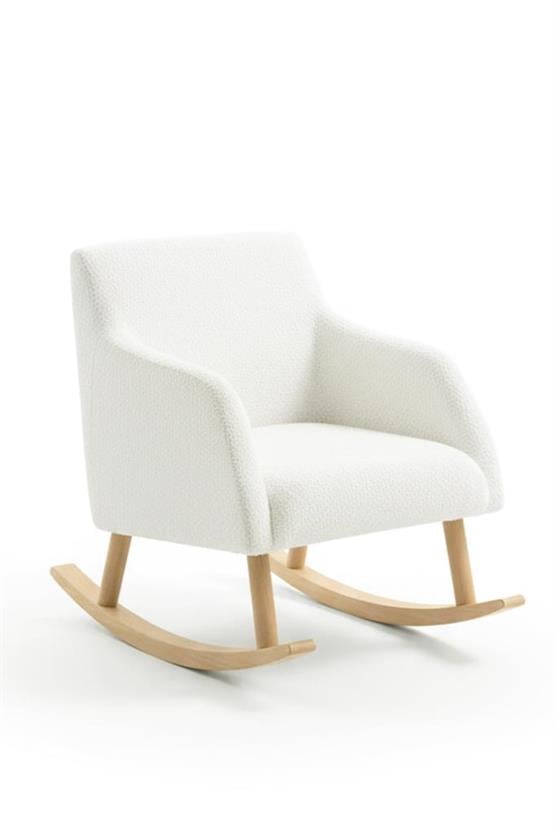 LOOP Sallanan Sandalye – Ekru Teddy Kumaş | Doğal Ahşap Ayaklı Berjer - Sallanan Koltuk