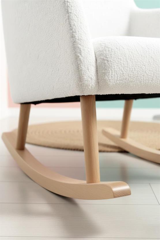 LOOP Sallanan Sandalye – Ekru Teddy Kumaş | Doğal Ahşap Ayaklı Berjer - Sallanan Koltuk