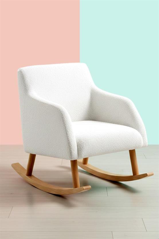 LOOP Sallanan Sandalye – Ekru Teddy Kumaş | Doğal Ahşap Ayaklı Berjer - Sallanan Koltuk