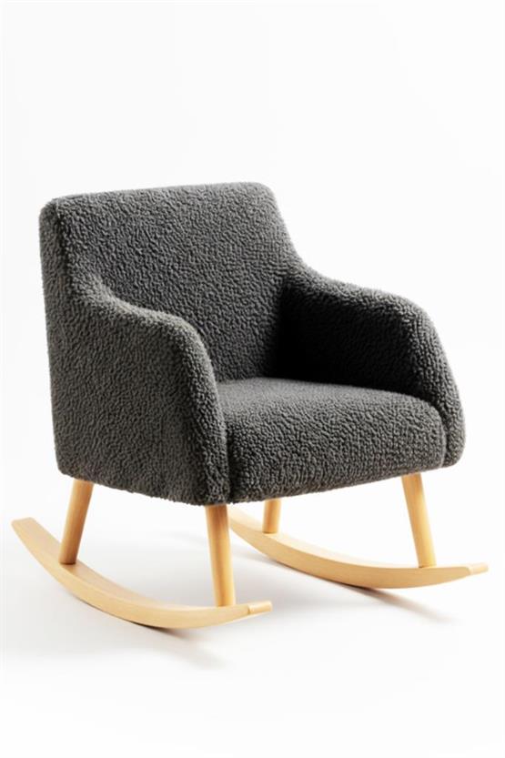 LOOP Sallanan Sandalye ve Puf Seti – Antrasit Teddy Kumaş Ahşap Ayaklı Berjer - Sallanan Koltuk Puf
