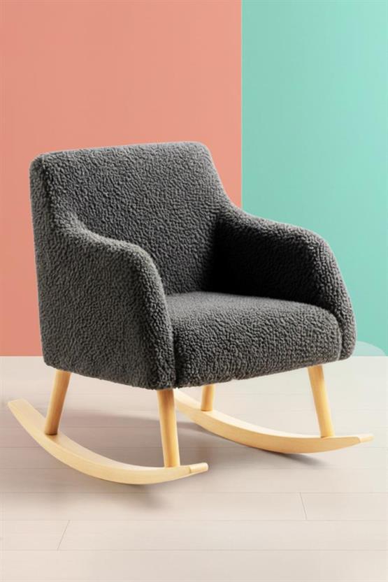 LOOP Sallanan Sandalye ve Puf Seti – Antrasit Teddy Kumaş Ahşap Ayaklı Berjer - Sallanan Koltuk Puf