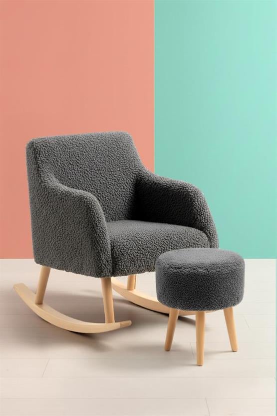 LOOP Sallanan Sandalye ve Puf Seti – Antrasit Teddy Kumaş Ahşap Ayaklı Berjer - Sallanan Koltuk Puf