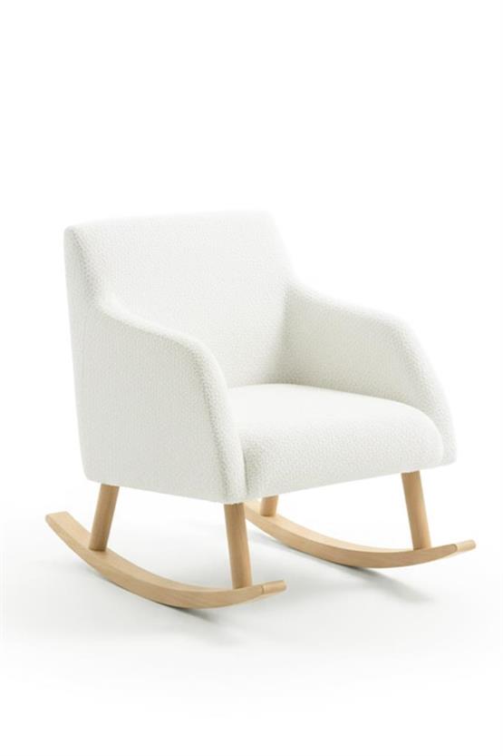 LOOP Sallanan Sandalye ve Puf Seti – Ekru Teddy Kumaş Ahşap Ayaklı Berjer - Sallanan Koltuk Puf