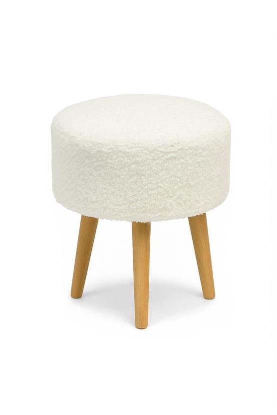 LOOP Sallanan Sandalye ve Puf Seti – Ekru Teddy Kumaş Ahşap Ayaklı Berjer - Sallanan Koltuk Puf