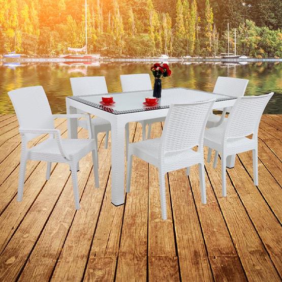 Mandella Elit Rattan 90x150 2 Elit Koltuk 4 Elit Sandalye Camlı Masa Takımı Beyaz