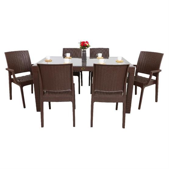 Mandella Elit Rattan 90x150 2 Elit Koltuk 4 Elit Sandalye Camlı Masa Takımı Kahverengi