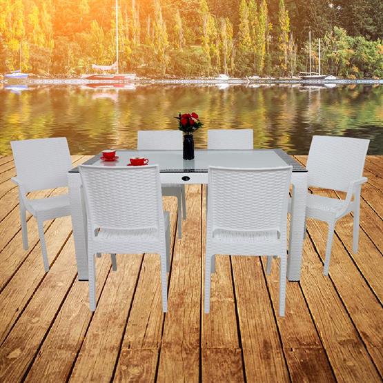 Mandella Elit Rattan 90x150 2 Elit Koltuk 4 Elit Sandalye Camlı Masa Takımı Beyaz