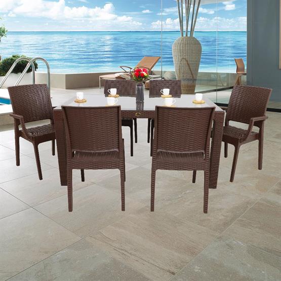 Mandella Elit Rattan 90x150 2 Elit Koltuk 4 Elit Sandalye Camlı Masa Takımı Kahverengi