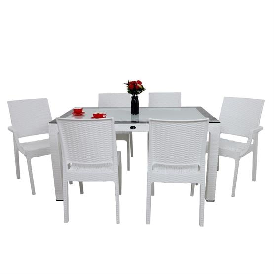 Mandella Elit Rattan 90x150 2 Elit Koltuk 4 Elit Sandalye Camlı Masa Takımı Beyaz