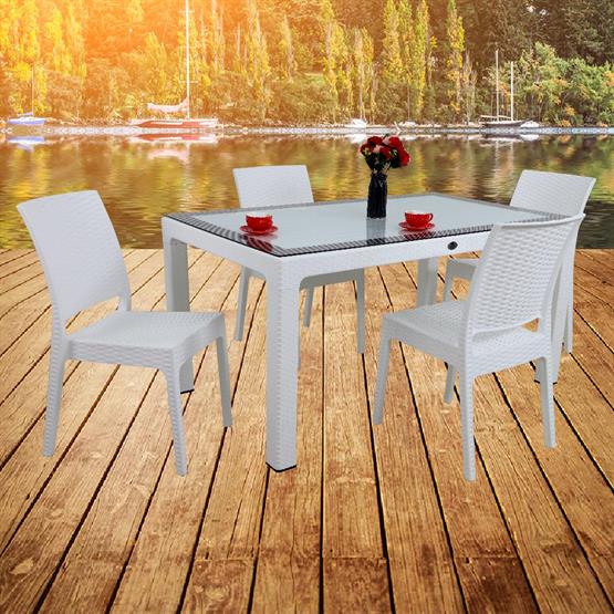 Mandella Elit Rattan 90x150 4 kişilik Elit Sandalye Camlı Masa Takımı Beyaz