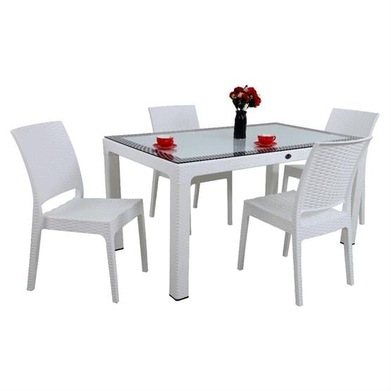 Mandella Elit Rattan 90x150 4 kişilik Elit Sandalye Camlı Masa Takımı Beyaz