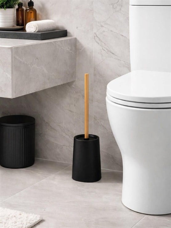 Mat Siyah Ahşap Saplı Tuvalet Fırçası Ve Standı – Modern, Şık WC Fırçası VICHY-7047