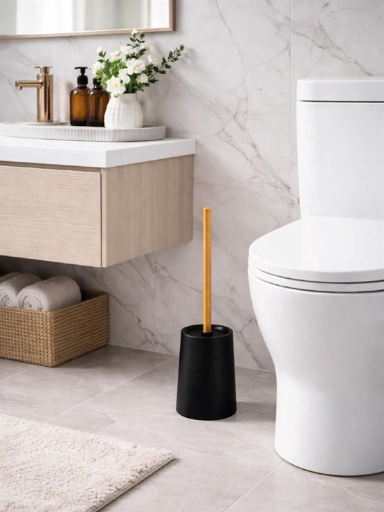 Mat Siyah Ahşap Saplı Tuvalet Fırçası Ve Standı – Modern, Şık WC Fırçası VICHY-7047