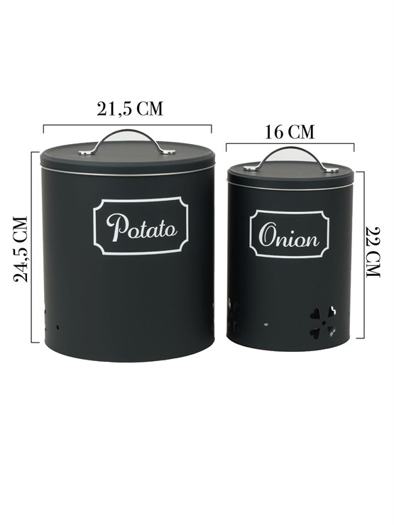Mat Siyah Metal Mutfak Saklama Kutusu Seti – Patates, Soğan & Kahve/Çay/Şeker Organizer