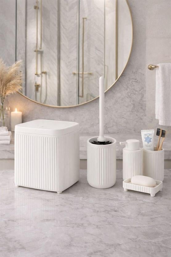 Modern Banyo Aksesuar Seti Click Kapaklı Çöp Kovası Tuvalet Fırçası Ve Sabunluk Seti 5 Parça DC-6803