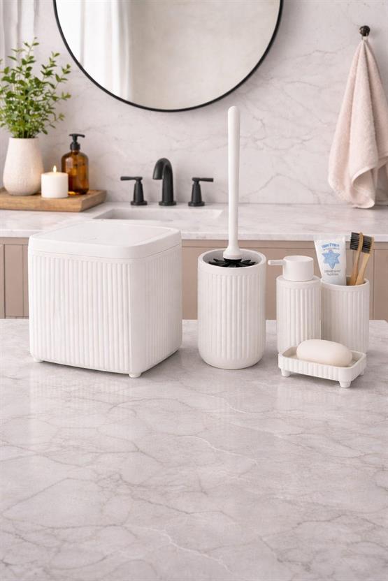 Modern Banyo Aksesuar Seti Click Kapaklı Çöp Kovası Tuvalet Fırçası Ve Sabunluk Seti 5 Parça DC-6803