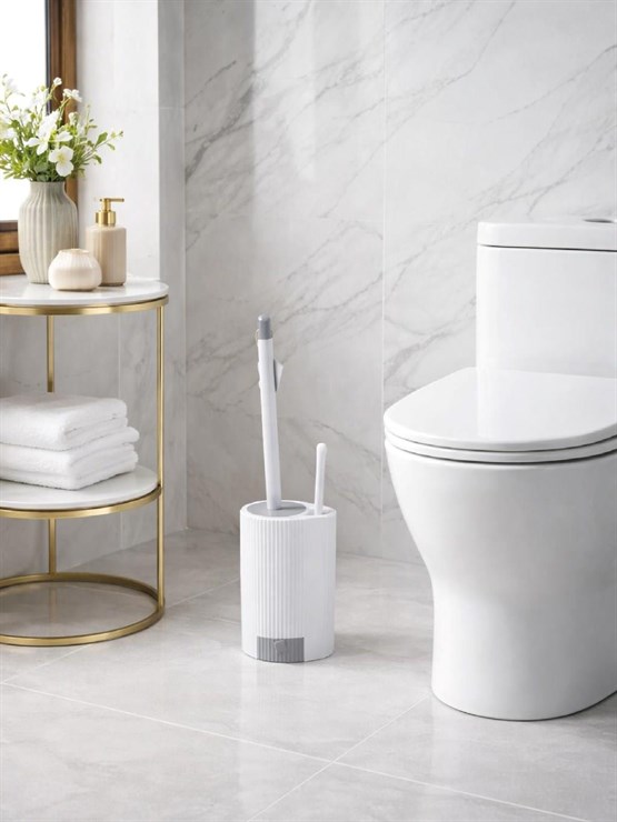 Modern Çizgili Tuvalet Fırçası Ve Standı – Kapalı Hazneli, Şık WC Fırçası Seti VICHY-7039