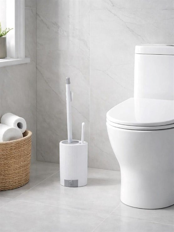 Modern Çizgili Tuvalet Fırçası Ve Standı – Kapalı Hazneli, Şık WC Fırçası Seti VICHY-7039