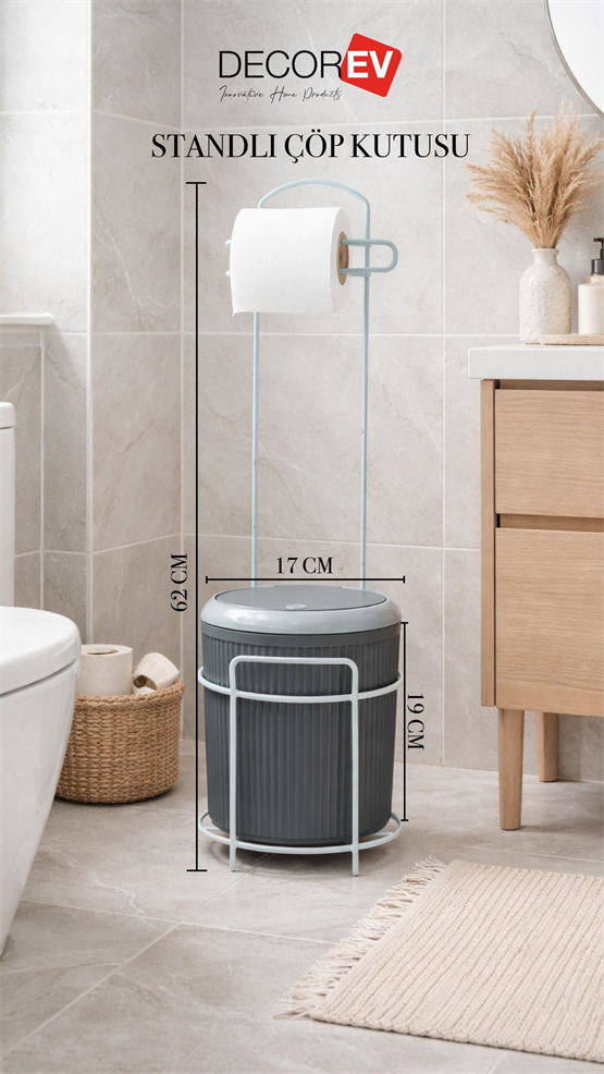Modern Click Kapaklı 5 Lt  Banyo Kovası Ve Tuvalet Kağıtlığı – 2Si 1 Arada Şık Tasarım