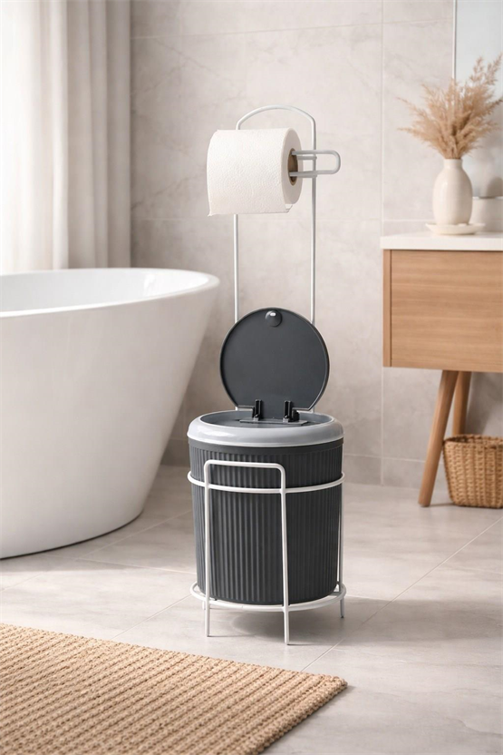 Modern Click Kapaklı 5 Lt  Banyo Kovası Ve Tuvalet Kağıtlığı – 2Si 1 Arada Şık Tasarım
