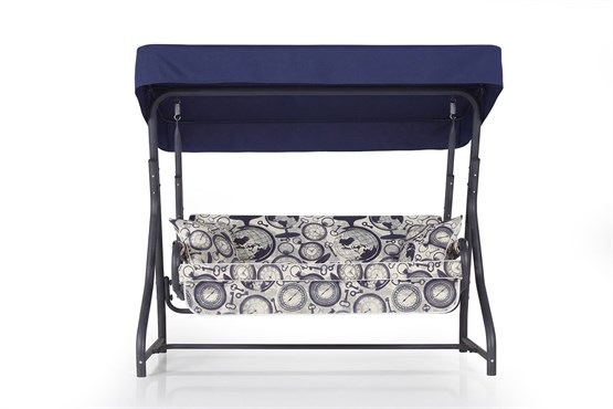 Erinöz Morus 2 Kişilik Bahçe Balkon Teras Salıncağı - Minder: Dünya & Saat Tente: Lacivert