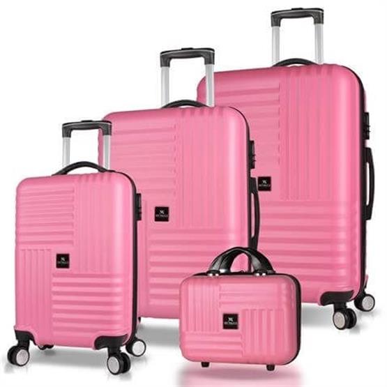 Puzzle Abs Kabin Orta Büyük ve Makyaj Boy Pembe 4lü Travel Valiz Seti