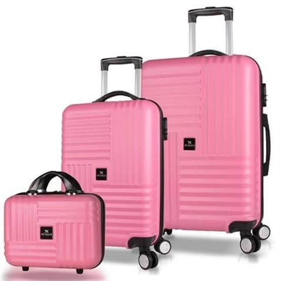 My Valice Puzzle Abs Makyaj Kabin ve Orta Boy Pembe 3lü Valiz Seti